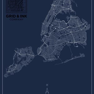 May include: A dark blue poster featuring a white line map of New York City. The design includes the text GRID & INK COMPANY, a small inset map, a north arrow, the words NEW YORK USA, and the coordinates 40.712728, -74.006015 in white lettering.