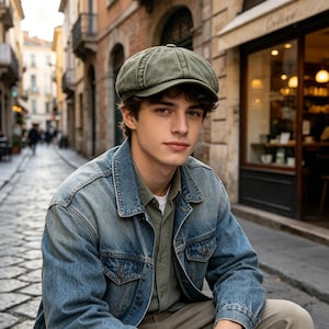 May include: An olive green newsboy cap with a structured crown and a short brim, paired with a light blue denim jacket worn over an olive green button-down shirt and light-colored trousers, creating a layered look with a classic aesthetic.