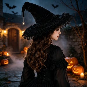 May include: A black velvet witch hat featuring a wide, ruffled lace brim and a dangling silver-toned star charm attached to the pointed tip. The hat is constructed from dark, textured fabric with intricate lace detailing along the edges.