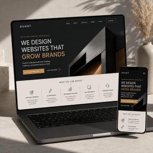May include: A laptop and a smartphone displaying the Avant website. The screen shows the text: WE DESIGN WEBSITES THAT GROW BRANDS, along with sections for strategic approach, custom design, performance focused, fully responsive, and ongoing support.