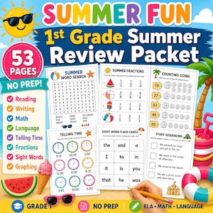 Summer Review Packet for 1st Grade | ELA, Math and  Language Worksheets | No Prep