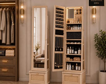 Full Length Mirror Jewelry Armoire, Freestanding Cabinet with Large Storage, Shelves, Drawer