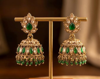 Emerald Green Kundan Jhumka Earrings | Indian Bridal Jewelry | Meenakari Ethnic Earrings | Wedding Jewelry | Gift for Her | Festive edition