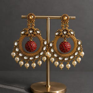 Antique Gold Chandbali Earrings, Ruby Kundan Floral Statement Jewelry, Pearl Drop Traditional Indian