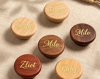 Wood Drawer Knobs, Cabinet Pulls, Custom Engraved Round Handles, Natural Oak Walnut Dresser Knob, Kitchen Cupboard Hardware