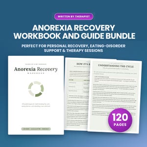 Op de afbeelding: Anorexia Recovery Workbook en gidsbundel met een witte kaft, een cirkelvormige groene afbeelding, de tekst Anorexia Recovery Workbook en 120 pagina's. Bevat binnenpagina's met de titels How It's Related en Understanding the Cycle.