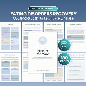May include: A digital eating disorders recovery workbook and guide bundle titled Freeing the Plate. The document includes 180 pages of content, featuring sections on contents, habit patterns, and food introduction. It is presented as a PDF file.