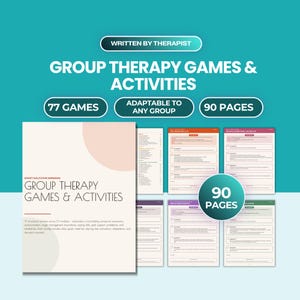Può includere: Un quaderno di esercizi per terapia di gruppo con 77 giochi e 90 pagine di attività strutturate. La copertina è bianca con cerchi beige e testo nero. Le pagine interne includono moduli su comunicazione, confini e capacità di adattamento.