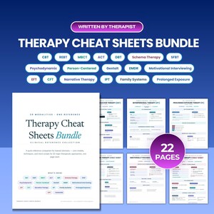 Therapy Cheat Sheets Bundle | 20 Therapy Modalities | Clinical Reference Guides |EMDR,  CBT, DBT  + mi, act, ifs, schema, erp | Counseling