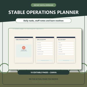 Op de afbeelding: Een digitaal sjabloon voor een stalbeheerplanner met drie paginalay-outs: Stable Operations Planner, Horse Location Board en Daily Staff Roster. Het ontwerp bevat tekstvelden voor dagelijkse taken, notities en routines, met in totaal 18 bewerkbare pagina's voor Canva.