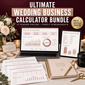 Op de afbeelding: Een digitaal pakket genaamd Ultimate Wedding Business Calculator Bundle met 17 spreadsheets voor prijsstelling en winst voor Excel en Google Sheets, weergegeven op een laptop en tablet naast een spiraalgebonden planner en geprinte grafieken.