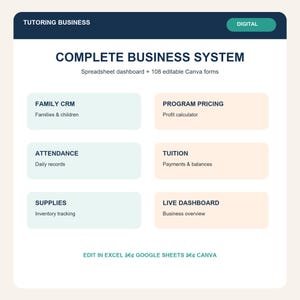 Puede incluir: Un panel de control digital para un negocio de tutoría que incluye una hoja de cálculo y 108 formularios Canva editables. Contiene secciones para CRM familiar, precios, asistencia, pagos, suministros y un panel en vivo, editable en Excel, Google Sheets y Canva.