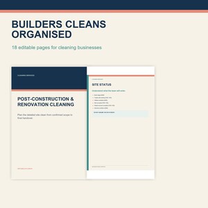 Op de afbeelding: Een digitaal documentsjabloon getiteld BUILDERS CLEANS ORGANISED met 18 bewerkbare pagina's voor schoonmaakbedrijven. De lay-out bevat donkerblauwe en koraalkleurige accenten en toont een schoonmaakplan voor na de bouw en renovatie.