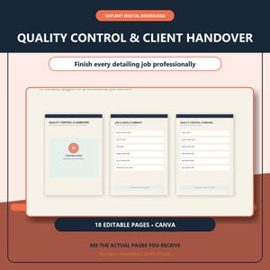 Può includere: Un set di modelli digitali intitolato Quality Control & Client Handover con 18 pagine modificabili per Canva. Il documento include sezioni per Job & Vehicle Summary e Quality Control Standard con campi per la documentazione professionale.