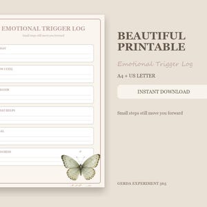 Op de afbeelding: Een printbaar emotioneel triggerlogboek op een beige achtergrond, met secties voor vandaag, hoe ik me voel, trigger, wat helpt, doel en voortgang. Het document bevat de tekst "EMOTIONAL TRIGGER LOG" en een illustratie van een vlinder.