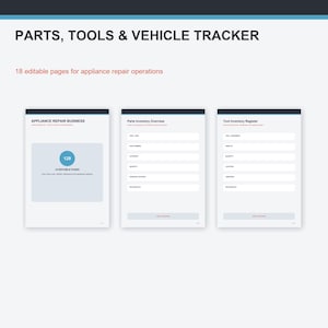 Może przedstawiać: Cyfrowy zestaw dokumentów zatytułowany PARTS, TOOLS & VEHICLE TRACKER zawierający 18 edytowalnych stron do napraw urządzeń. Układ obejmuje stronę podsumowującą, przegląd zapasów części oraz rejestr narzędzi i wyposażenia.