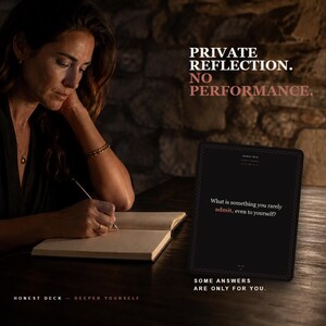 Op de afbeelding: Een zwarte rechthoekige kaart uit de Honest Deck set met de tekst 'What is something you rarely admit, even to yourself?' en de zinnen 'PRIVATE REFLECTION. NO PERFORMANCE.' en 'SOME ANSWERS ARE ONLY FOR YOU.' in de buurt afgedrukt.