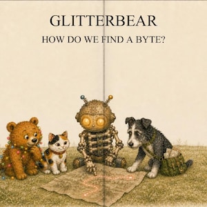 May include: A book page illustration titled GLITTERBEAR HOW DO WE FIND A BYTE? featuring a brown bear draped in colorful lights, a calico cat, a metallic robot with glowing eyes, and a black and white dog looking at a map on the ground.