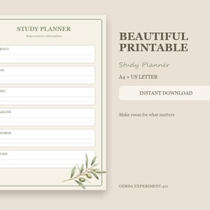 Op de afbeelding: Een beige studieplanner-sjabloon met de tekst STUDY PLANNER en Make room for what matters. De lay-out bevat secties voor Subject, Goal, Tasks, Deadline, Progress en Review, versierd met een aquarelillustratie van een olijftak.