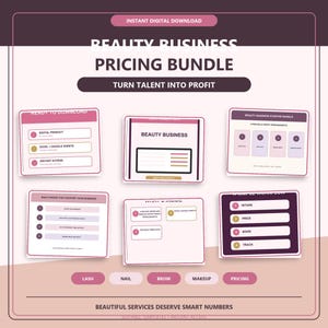 Op de afbeelding: Een digitaal prijsbepalingspakket voor beautybedrijven met zes rechthoekige kaarten met roze en donkerpaarse accenten. De tekst bevat BEAUTY BUSINESS PRICING BUNDLE, TURN TALENT INTO PROFIT en lijsten voor digitale producten en spreadsheets.