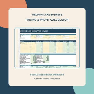 Op de afbeelding: Een digitaal spreadsheet getiteld Wedding Cake Business Pricing & Profit Calculator. De interface toont een Wedding Cake Baker Price Builder met velden voor klantgegevens, servicekosten en een overzicht van de winstmarges en arbeidskosten.