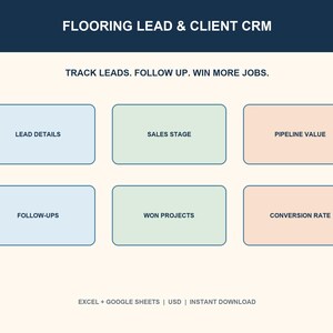 Flooring Lead and Client CRM Spreadsheet, Contractor Sales Pipeline Follow Up and Customer Tracker, Excel Google Sheets Template