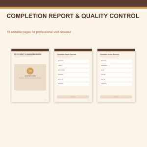 Op de afbeelding: Een set van 18 bewerkbare pagina's voor een voltooiingsrapport en kwaliteitscontrole voor drogerreiniging. De documenten hebben bruine en crèmekleurige koppen met tekst zoals Completion Report & Quality Control en Service Summary.
