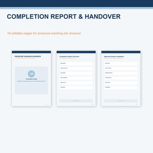 Peut inclure: Un ensemble de documents numériques intitulé COMPLETION REPORT & HANDOVER comprenant 18 pages modifiables pour la clôture de travaux de nettoyage haute pression. La mise en page présente trois pages blanches avec des en-têtes bleu foncé et des sections.