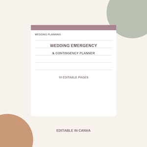 Op de afbeelding: Een witte digitale documentpagina met een mauve koptekstbalk met de tekst WEDDING PLANNING, WEDDING EMERGENCY & CONTINGENCY PLANNER, 18 EDITABLE PAGES en EDITABLE IN CANVA. Het document bevat horizontale lijnen voor tekst.