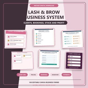 Op de afbeelding: Een digitaal bedrijfssysteem voor wimper- en wenkbrauwprofessionals met 108 bewerkbare Canva-formulieren. De lay-out bevat tekstvakken over klantbeheer, boekingsworkflows, winstcalculators en voorraadbeheertools in een roze en wit thema.