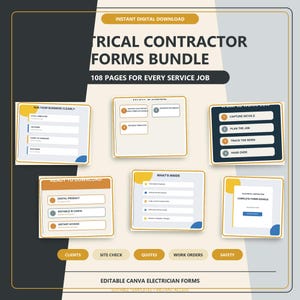 May include: An electrical contractor forms bundle featuring 108 pages for service jobs. The digital product includes editable Canva templates for clients, site checks, quotes, work orders, and safety. Text includes "ELECTRICAL CONTRACTOR FORMS BUNDLE" and "108 PAGES FOR EVERY SERVICE JOB" with workflow steps.