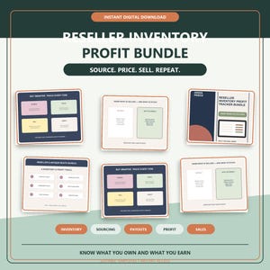 May include: A digital reseller inventory profit bundle template set featuring six distinct layouts with text including "RESELLER INVENTORY PROFIT BUNDLE," "SOURCE. PRICE. SELL. REPEAT.," and "KNOW WHAT YOU OWN AND WHAT YOU EARN" in a muted color palette.
