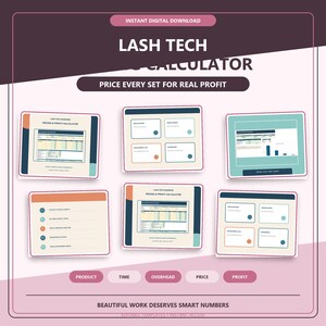 Op de afbeelding: Een digitale sjabloonset voor een prijs- en winstcalculator voor wimperstylisten met zes verschillende schermweergaven en tekstlabels zoals Lash Tech Business Pricing & Profit Calculator, Price Builder, Service Menu en Dashboard.