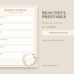 Op de afbeelding: Een beige printbare leesdagboekpagina met de tekst READING JOURNAL en Today is allowed to be beautiful. Het bevat velden voor boektitel, auteur, data, favoriete citaat, gedachten en beoordeling, versierd met een bloemenkrans.