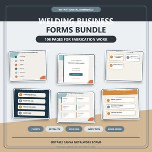 Op de afbeelding: Een digitaal pakket van 108 zakelijke formulieren voor las- en constructiewerkzaamheden. De afbeelding toont diverse documentsjablonen met tekst zoals Welding Business Forms Bundle, A Simple Workflow en Ready to Download, met oranje en blauwgroene accenten.