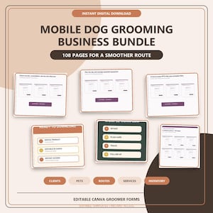 Op de afbeelding: Een mobiel hondenverzorgingsbedrijfspakket met 108 pagina's aan bewerkbare sjablonen. De afbeelding bevat tekst zoals MOBILE DOG GROOMING BUSINESS BUNDLE, 108 PAGES FOR A SMOOTHER ROUTE en een workflowlijst met intake, plan care, track en follow up.