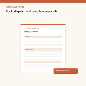 Op de afbeelding: Een digitale sjabloonset met 18 bewerkbare pagina's voor een afvalverwijderingsbedrijf. Het document bevat secties met de titels Booking Overview, Job Details, Working Record en Status/Handover, met de tekst Book, dispatch and complete every job.