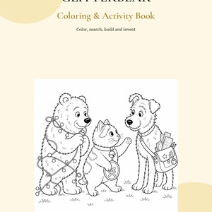 Op de afbeelding: Een kleur- en activiteitenboek getiteld GLITTERBEAR Coloring & Activity Book met de ondertitel Color, search, build and invent. De omslag bevat een zwart-wit lijntekening van een beer, een kat en een hond die samen in een veld staan.