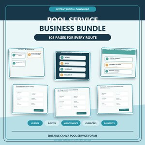 Puede incluir: Un paquete digital para negocios de servicio de piscinas con 108 páginas para cada ruta. El gráfico incluye texto como POOL SERVICE BUSINESS BUNDLE, WHAT'S INSIDE, A SIMPLE WORKFLOW y READY TO DOWNLOAD, con secciones para clientes, rutas, mantenimiento, químicos y pagos.