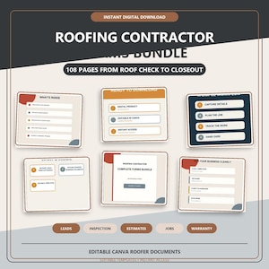 Op de afbeelding: Een digitaal formulierpakket voor dakdekkers met 108 pagina's aan bewerkbare Canva-sjablonen. De afbeelding bevat tekst zoals Roofing Contractor Forms Bundle, 108 Pages From Roof Check To Closeout en een workflow-lijst voor taakbeheer.