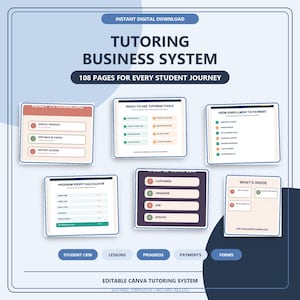 May include: A digital tutoring business system template set featuring 108 pages for student management. The layout includes text-based slides for enrollment, payment, profit calculation, and workflow organization, all editable in Canva for instant download.