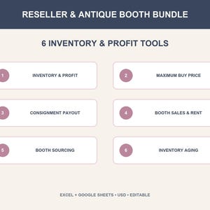 May include: A digital bundle titled Reseller & Antique Booth Bundle featuring 6 inventory and profit tools. The list includes Inventory & Profit, Maximum Buy Price, Consignment Payout, Booth Sales & Rent, Booth Sourcing, and Inventory Aging for Excel and Google Sheets.