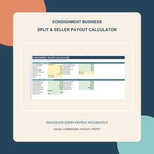 May include: A digital spreadsheet template titled CONSIGNMENT BUSINESS SPLIT & SELLER PAYOUT CALCULATOR. The interface features sections for sale and agreement inputs, automatic payout breakdown, and various financial fields with data entries.
