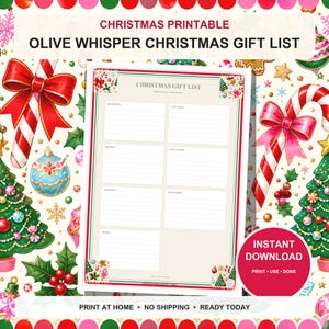 Op de afbeelding: Een printbare kerstcadeaulijst op een crèmekleurige pagina met rode en groene randen, gelabeld CHRISTMAS GIFT LIST, met secties voor ontvanger, cadeau-idee, budget, gekocht, ingepakt, bezorgd en notities, omringd door kersticonen.