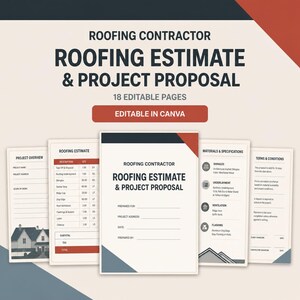 Op de afbeelding: Een digitale sjablonenset getiteld Roofing Contractor Roofing Estimate & Project Proposal met 18 bewerkbare pagina's. Het document bevat secties voor projectoverzicht, kostenramingen, materiaalspecificaties en algemene voorwaarden in Canva.