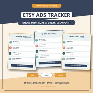 Könnte beinhalten: Eine digitale Etsy Ads Tracker Tabellenvorlage mit drei weißen Karten mit orangefarbenen Rändern. Jede Karte listet Ad Settings, Daily Ad Log, Listing Analysis und Profit Dashboard auf. Der Text enthält "Know your ROAS & break-even point" und "Editable spreadsheet - Excel + Google Sheets."