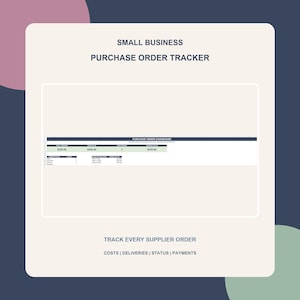 Op de afbeelding: Een digitaal spreadsheet-sjabloon voor het bijhouden van inkooporders voor kleine bedrijven. De interface toont een dashboard met kolommen voor totaal aantal facturen, orderwaarde, openstaande orders, gemiddelde waarde, status en leveringsdetails.