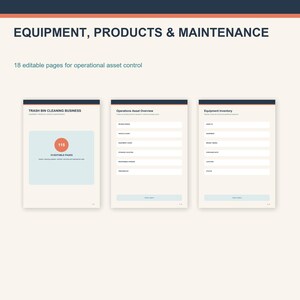 Może przedstawiać: Cyfrowy zestaw dokumentów zatytułowany EQUIPMENT, PRODUCTS & MAINTENANCE zawierający 18 edytowalnych stron do kontroli zasobów operacyjnych. Strony obejmują okładkę Trash Bin Cleaning Business, przegląd zasobów operacyjnych oraz formularz inwentaryzacji sprzętu.