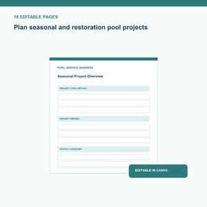 Op de afbeelding: Een digitaal sjabloondocument getiteld Pool Service Business Seasonal Project Overview met 18 bewerkbare pagina's. Het formulier bevat secties voor Project Pool Details, Project Record en Status Handover. Een blauwgroene knop bevat de tekst Editable in Canva.