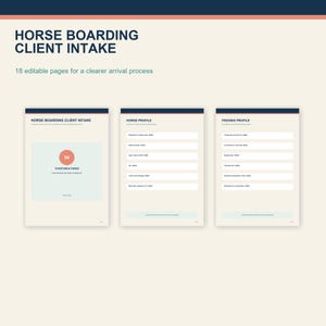 Op de afbeelding: Een digitale documentenset getiteld Horse Boarding Client Intake met 18 bewerkbare pagina's. De lay-out bevat een voorpagina met een rode cirkel met het getal 54, een Horse Profile-pagina met invoervelden en een Feeding Profile-pagina.